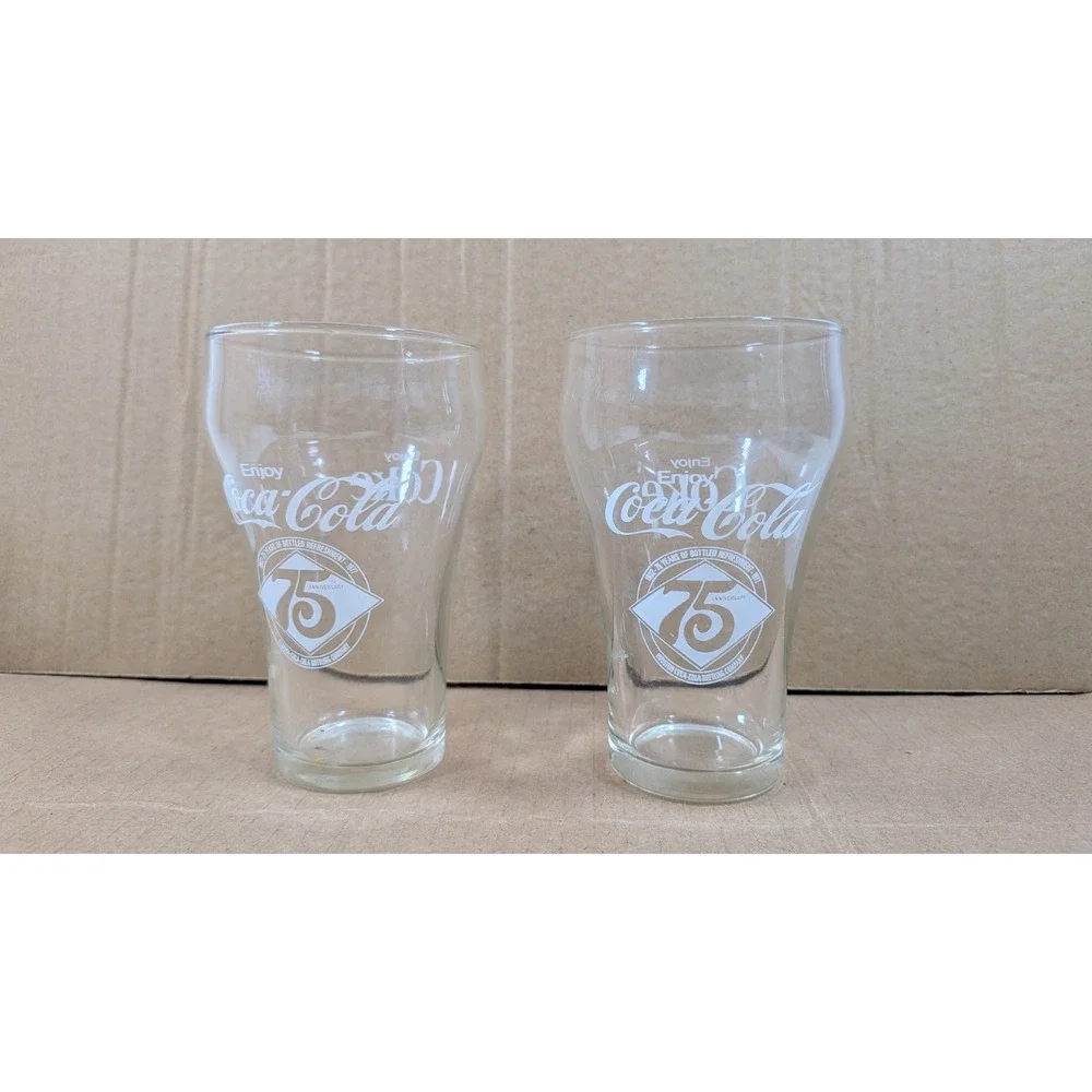 Set of 2 75th Anniversary Coca Cola Enjoy Coke Clear Juice Glasses 10 oz Vintage